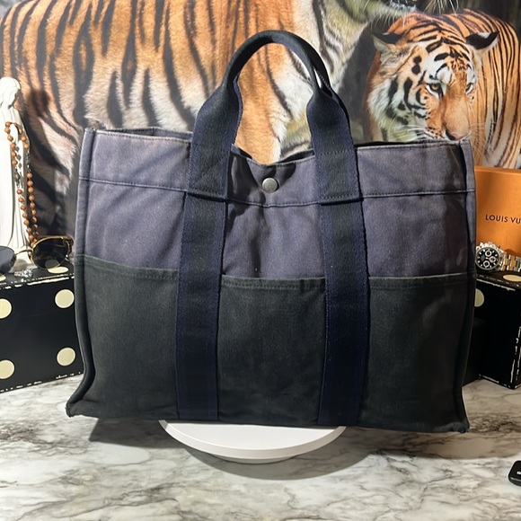 HERMES Fourre Tout MM Tote Bag Handbag Canvas Blue and Black in GUC. - Picture 1 of 16
